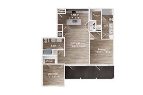 Floor plan for 2 beds, 2 baths, 1122 sqft